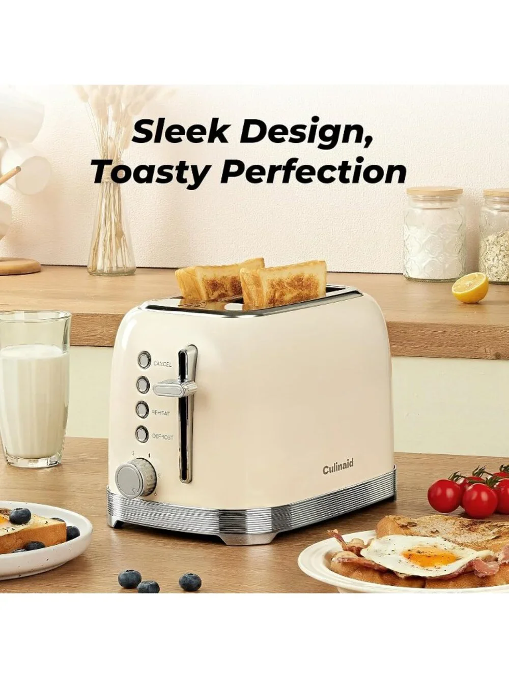 2 Slice Retro Cream Stainless Steel 1.5” Extra Wide Slots with Bagel Toaster